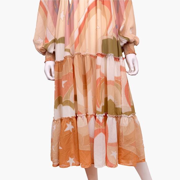 NWOT AURA Retro Starburst Long-Sleeve Tiered Midi Dress (Orange/Peach | Size XS) - Picture 6 of 9